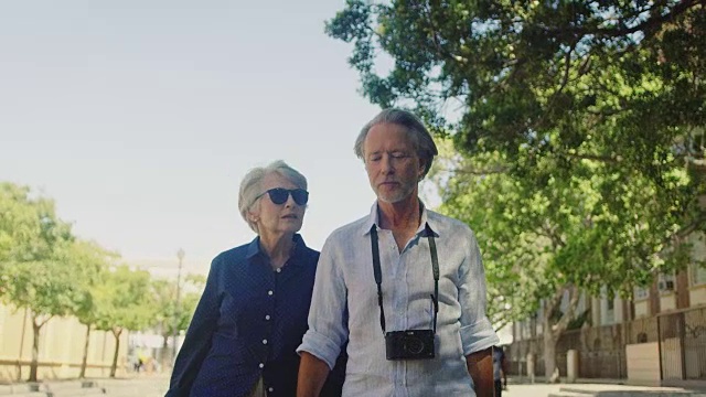 一对相爱的老年夫妇在城市里散步聊天视频素材