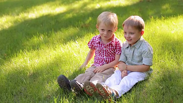 两个欢快的五岁男孩的肖像在公园的绿色鲜亮的草地上。视频素材