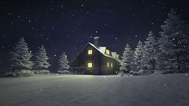 白雪覆盖的森林里的小木屋，在晚上下雪视频素材