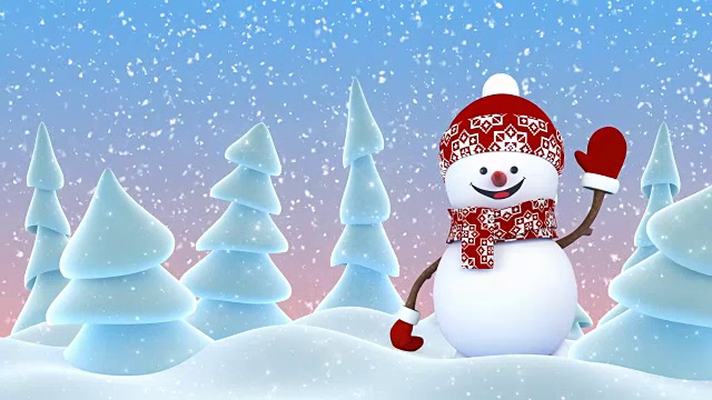 可爱的小雪人戴着小红帽，用手和微笑问候冬日森林降雪。美丽的3d卡通动画。动画贺卡。圣诞快乐新年快乐概念。视频素材