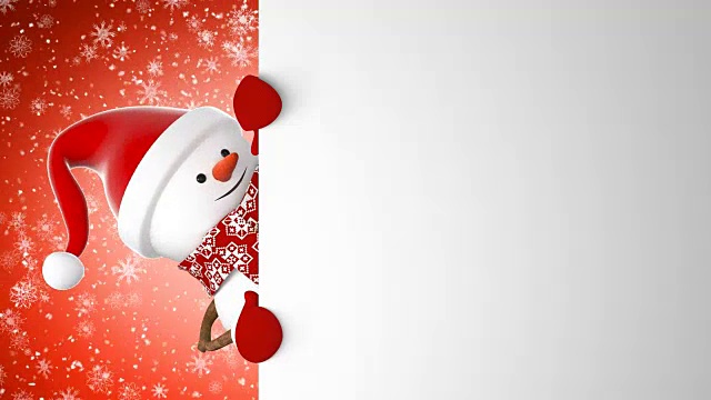 美丽快乐的雪人在圣诞老人帽问候与手和微笑在下雪。3d卡通动画绿屏幕阿尔法通道。动画贺卡。新年的概念。视频素材
