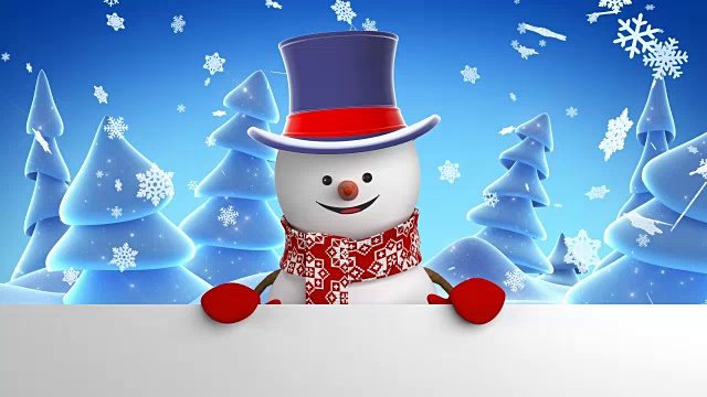 快乐的雪人在圆柱帽问候冬季森林背景。美丽的3d卡通动画绿色屏幕阿尔法磨光。动画贺卡。新年的概念。视频素材