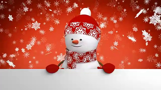 美丽快乐的雪人戴着小红帽，用手问候，微笑着面对飘落的雪花。3d卡通动画绿屏阿尔法通道。动画贺卡。新年的概念。视频素材