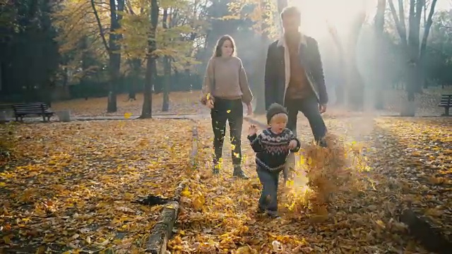 秋天，一家人和小儿子在公园玩视频购买