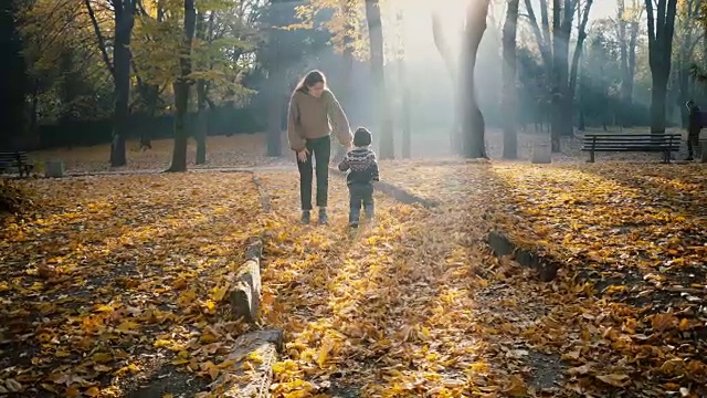 秋天，妈妈和小儿子在公园里玩视频素材