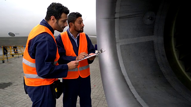 专注的男人们一边检查飞机的涡轮机，一边核对着剪贴板上的清单视频素材
