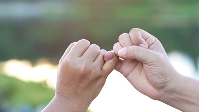 4k特写，中年夫妇的手，可爱的夫妇钩住彼此的小指在一起，小指发誓，小指承诺的概念视频下载