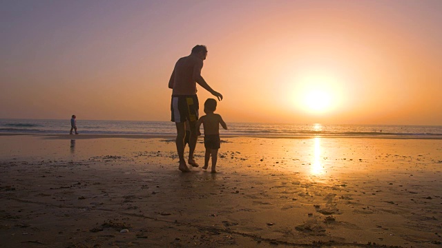 慢镜头-日落时分，父子俩在沙滩上玩耍的剪影视频素材