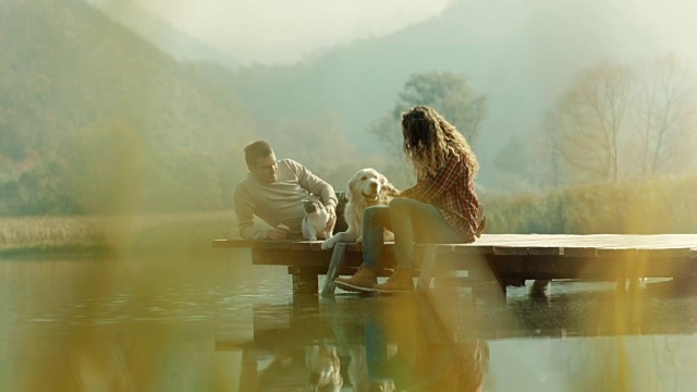 一对年轻夫妇，狗和猫坐在湖边的码头上视频素材