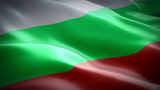 保加利亚国旗视频在风中飘扬。现实保加利亚国旗背景。保加利亚旗帜循环特写1080p全高清1920X1080镜头。保加利亚欧盟欧洲国家国旗录像，影片，新闻视频素材