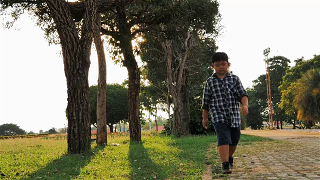 慢镜头可爱的亚洲孩子在公园里散步。视频素材