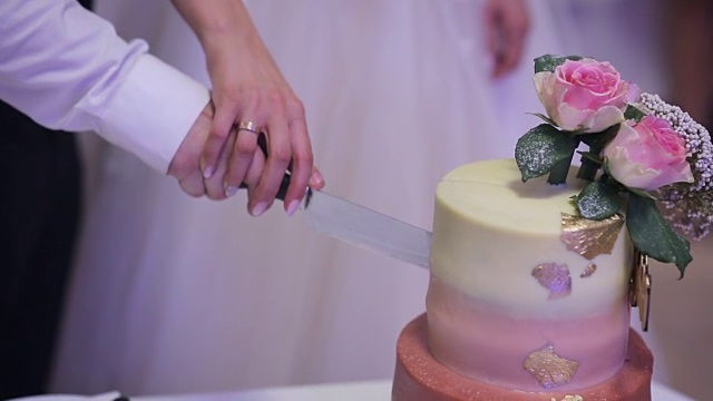 新娘和新郎正在切婚礼蛋糕。近距离视频素材