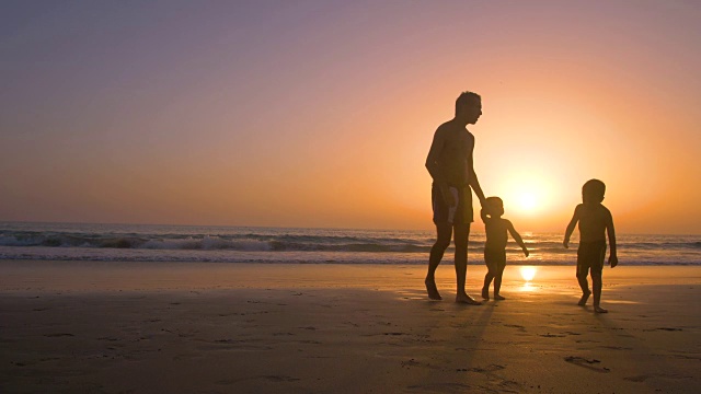 慢镜头-日落时分，父子俩在沙滩上玩耍的剪影视频素材