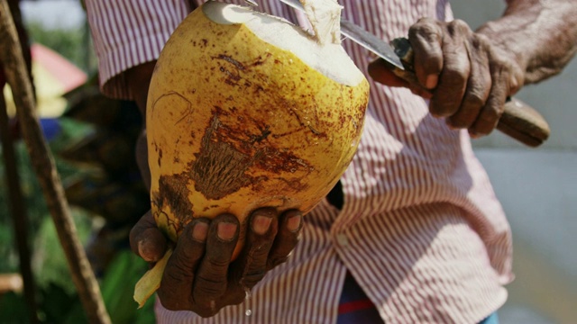 斯里兰卡，男子用短柄小斧切鲜黄色椰子视频下载
