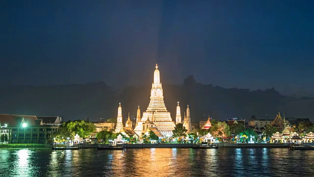 4K时间流逝，Wat Arun temple和湄南河的城市天际线昼夜流逝视频素材
