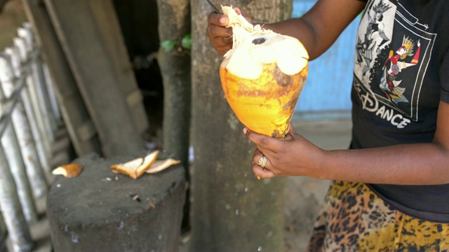 斯里兰卡，一名女子正在为游客砍椰子视频素材