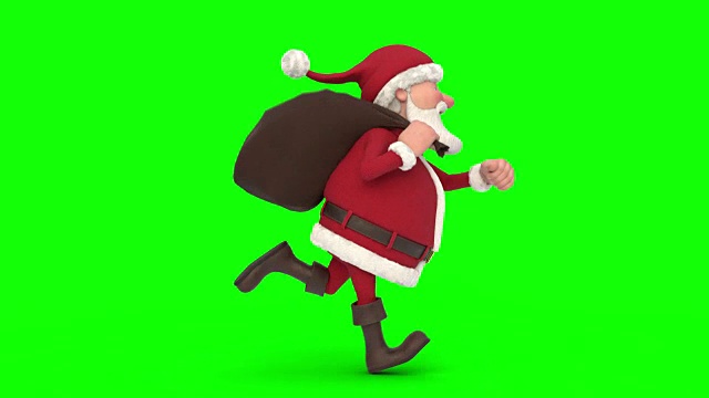 圣诞老人在绿色背景下奔跑。无缝循环的3d动画。侧视图视频素材