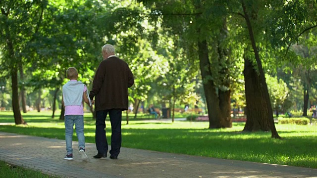 爷爷和孙子一起散步，分享经验，教育新一代视频下载