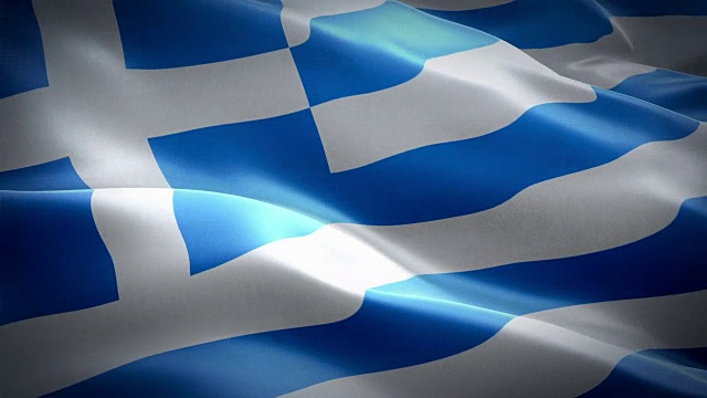 希腊国旗视频在风中飘扬。现实的希腊国旗背景。希腊旗帜循环特写1080p全高清1920X1080镜头。希腊，欧盟，欧洲国家旗帜的录像为电影，新闻视频素材