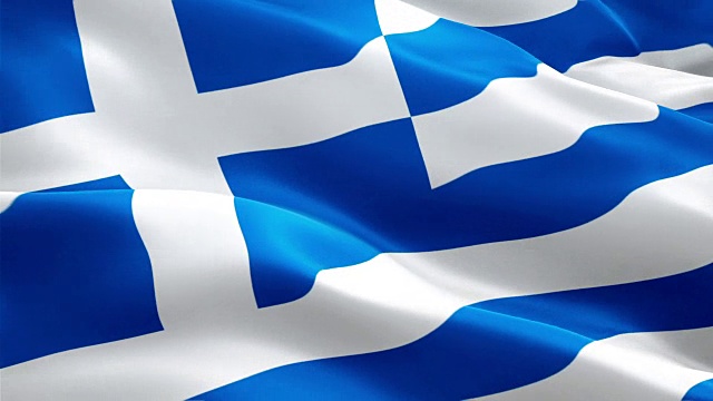 希腊国旗特写1080p全高清1920X1080镜头视频在风中飘扬。3d希腊国旗飘扬。标志希腊无缝循环动画。希腊旗帜高清分辨率背景1080p视频素材