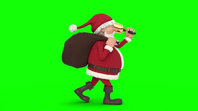 圣诞老人在绿色的背景下行走。无缝循环的3d动画。侧视图视频素材