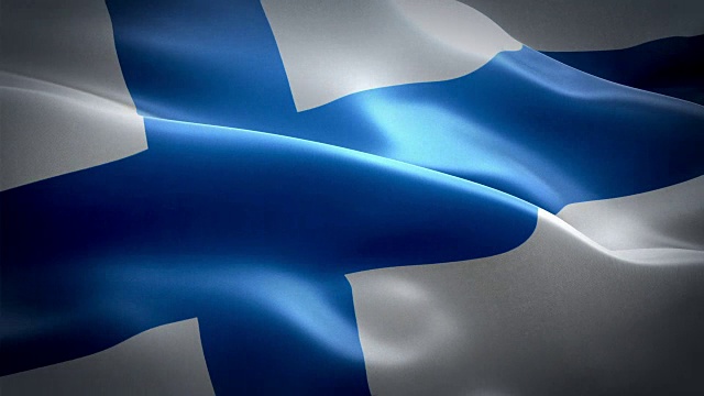 芬兰国旗在风中飘扬。现实的芬兰国旗背景。芬兰旗帜循环特写1080p全高清1920X1080镜头。芬兰，欧盟，欧洲国家的旗帜录像的电影，新闻视频下载
