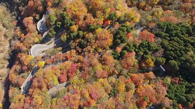 鸟瞰图与摄影车拍摄的第1 Irohazaka蜿蜒的道路在秋天，日光，日本。视频素材