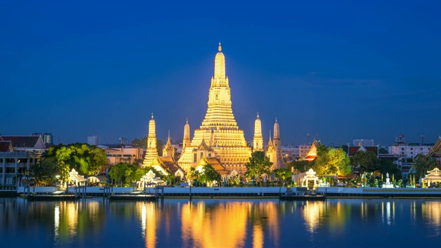 泰国曼谷4K时间流逝，Wat Arun temple和湄南河的城市天际线从夜晚到白天的时间流逝视频素材