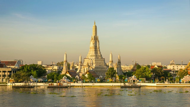 4K时间流逝，Wat Arun temple和湄南河的城市天际线时光流逝视频素材