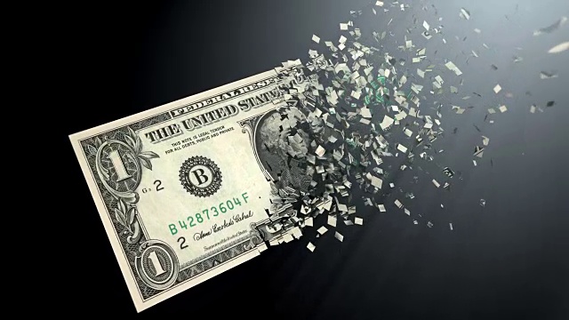 4K 3D渲染动画。货币的非物质化，美元在黑色背景下非物质化。视频素材