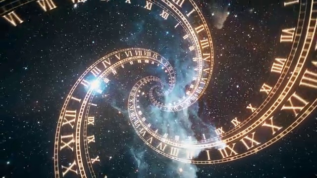 时间空间的构成，在空间中的飞行在一个螺旋形的罗马钟视频素材