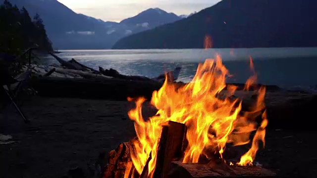 慢镜头营火在沙滩上在一个美丽的湖前视频下载