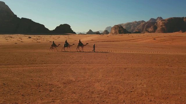 在一个阳光明媚的日子里，一队骆驼行走在约旦的瓦迪拉姆沙漠视频下载
