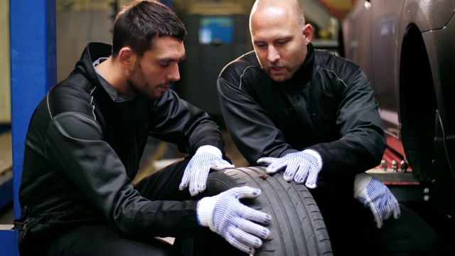 汽车修理工修理爆胎的汽车轮胎视频素材