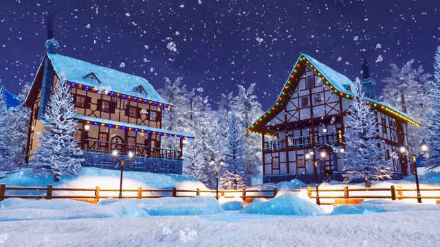 冬天下雪的夜晚，舒适的高山村被白雪覆盖视频素材