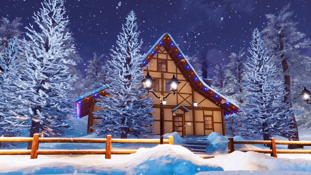 高山木材房子在雪夜冬夜3D动画视频素材