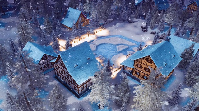 高山村雪夜顶视图3D动画视频素材