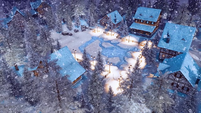 大雪封山小镇在冬夜俯瞰视频素材