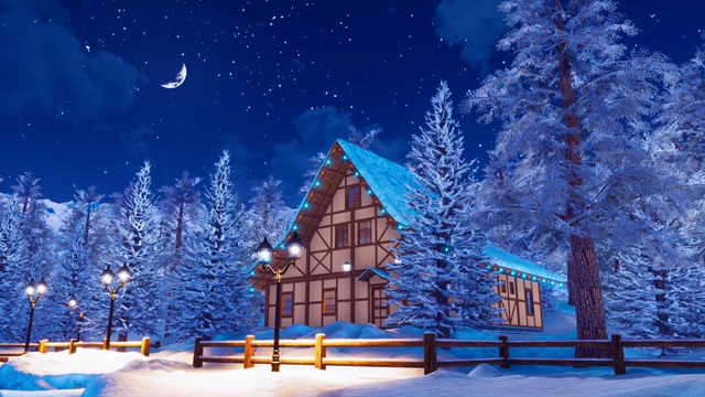 白雪覆盖的高山小屋在宁静的冬夜视频素材