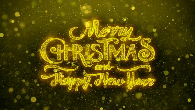 圣诞快乐和新年祝福贺卡的黄金闪闪的五彩纸屑或闪闪发光的烟花在豪华的背景。金色书法字母设计新年或圣诞节快乐2视频购买