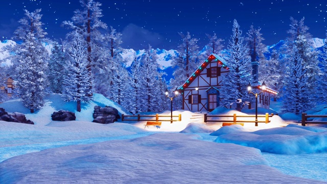 在神奇的冬夜，被雪封住的照亮的高山房子视频素材