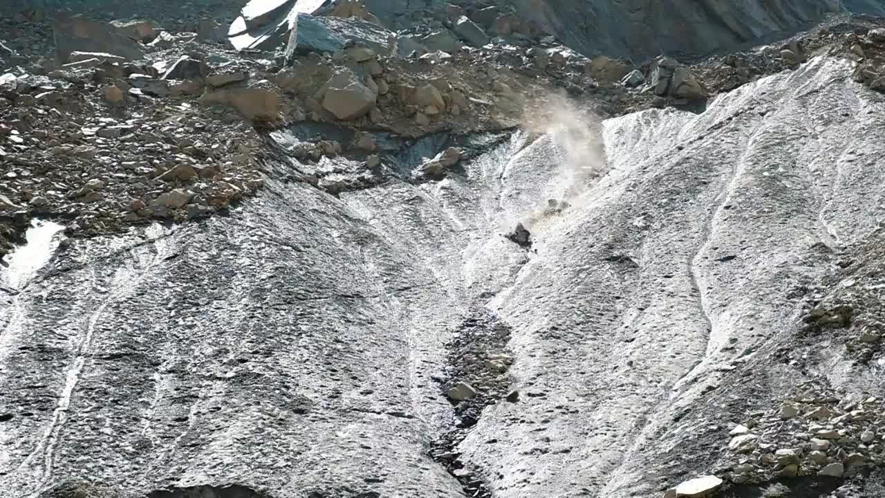 山上有落石，石头从冰川上落下，动作缓慢视频素材