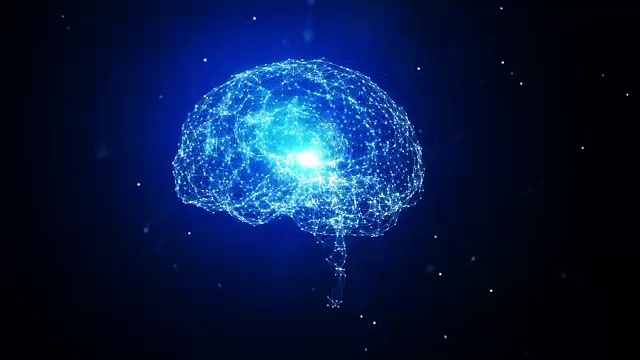 白色大脑物体与白点旋转在蓝色背景-人工智能的概念视频下载