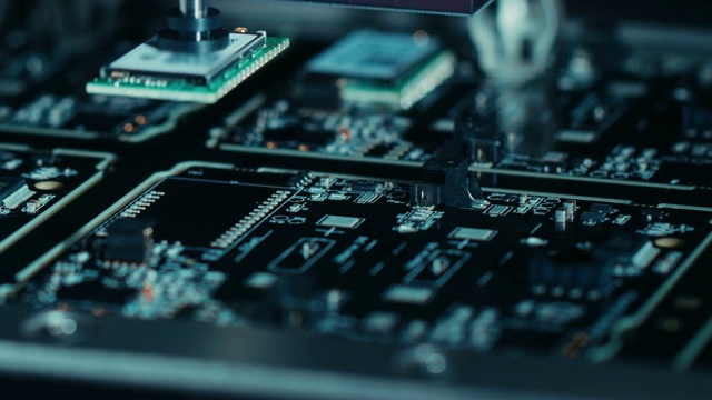 电子工厂机器工作时的特写镜头:自动机械臂组装印刷电路板(PCB)，表面贴装技术(SMT)连接微芯片到主板。视频素材