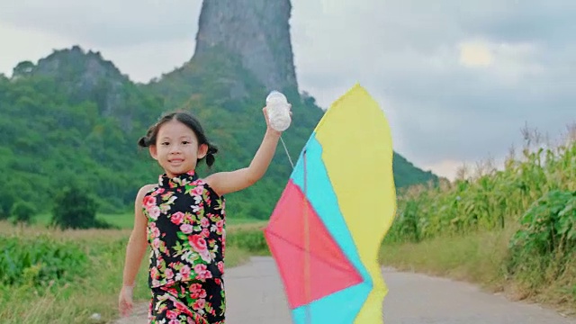 美丽的小女孩在大自然中放风筝视频购买