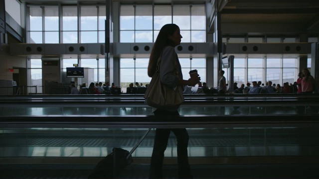 女商人拿着咖啡沿着机场候机楼的移动走道行走。视频素材