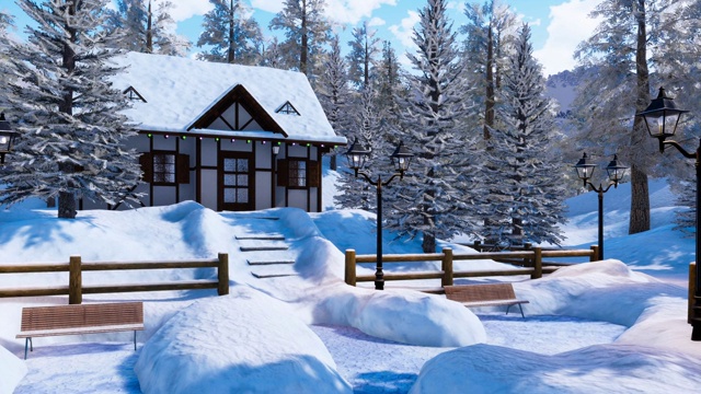 在寒冷的冬天，舒适的被雪封住的高山小屋视频素材