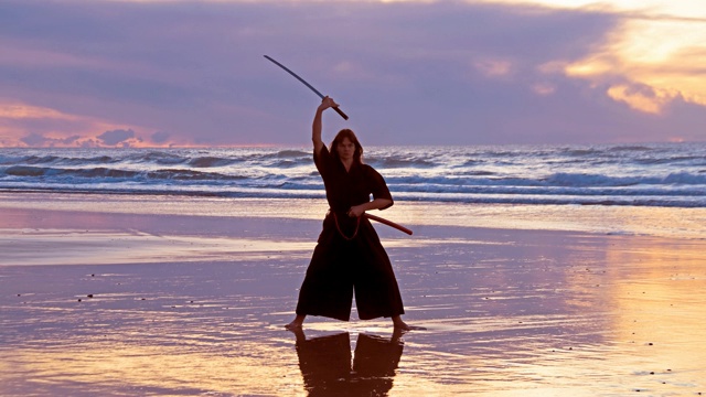 日落时海滩上的武士女人视频下载