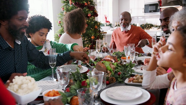 混血儿，多代同堂的家庭围坐在圣诞餐桌前为自己准备食物，一起聊天，选择性的专注视频素材
