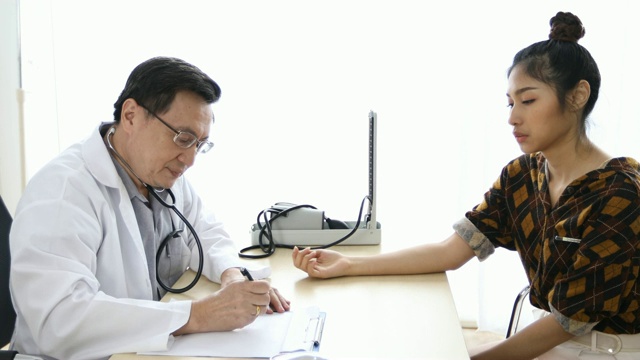 医生在医院的办公室里用血压计给女病人检查视频素材